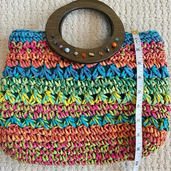 CAPPELLI STRAWORLD Turquoise Crochet Toyo Straw Wooden Grip Satchel Tote Handbag - Picture 10 of 11